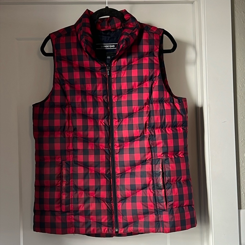 Lands' End Red and Black Plaid Puffer Vest